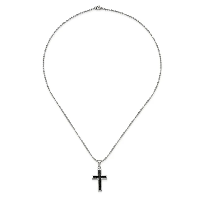 Silver-toned chain necklace with a black cross pendant hanging at the center.