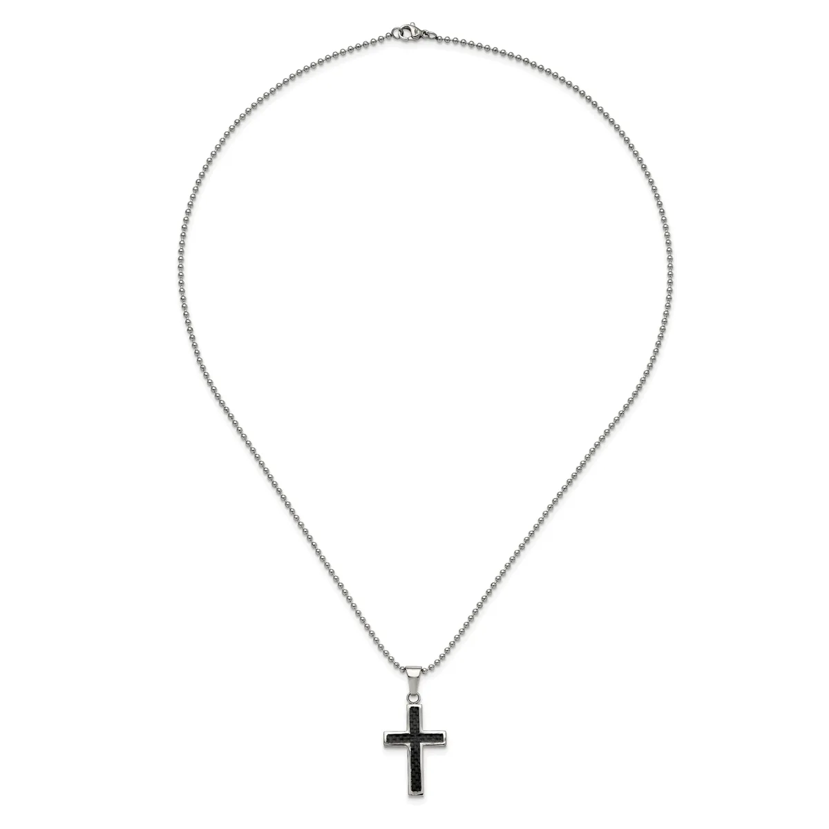 Silver-toned chain necklace with a black cross pendant hanging at the center.
