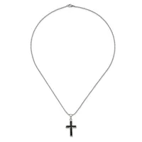 Silver-toned chain necklace with a black cross pendant hanging at the center.