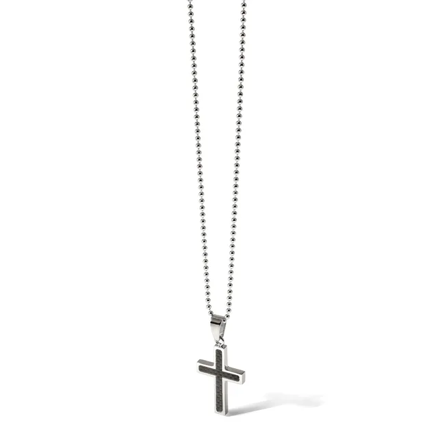 A silver-toned stainless steel cross pendant hangs from a matching ball chain necklace against a white background.