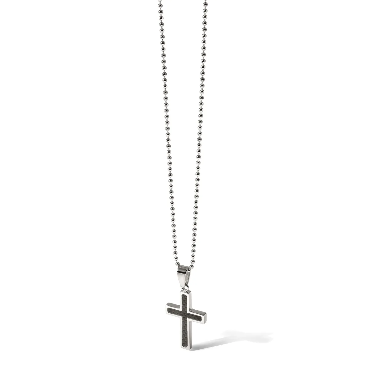 A silver-toned stainless steel cross pendant hangs from a matching ball chain necklace against a white background.
