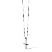 A silver-toned stainless steel cross pendant hangs from a matching ball chain necklace against a white background.