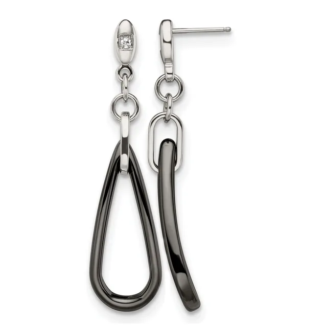 Pair of dangling earrings with polished silver-tone posts connected to black ceramic curved tubes suspended from silver-tone chain links.