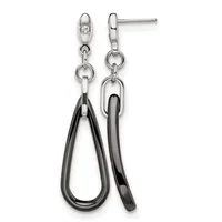Pair of dangling earrings with polished silver-tone posts connected to black ceramic curved tubes suspended from silver-tone chain links.