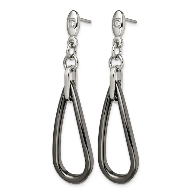 A pair of silver teardrop dangle earrings with small diamond studs at the top, connected by chain links, shown from the front.