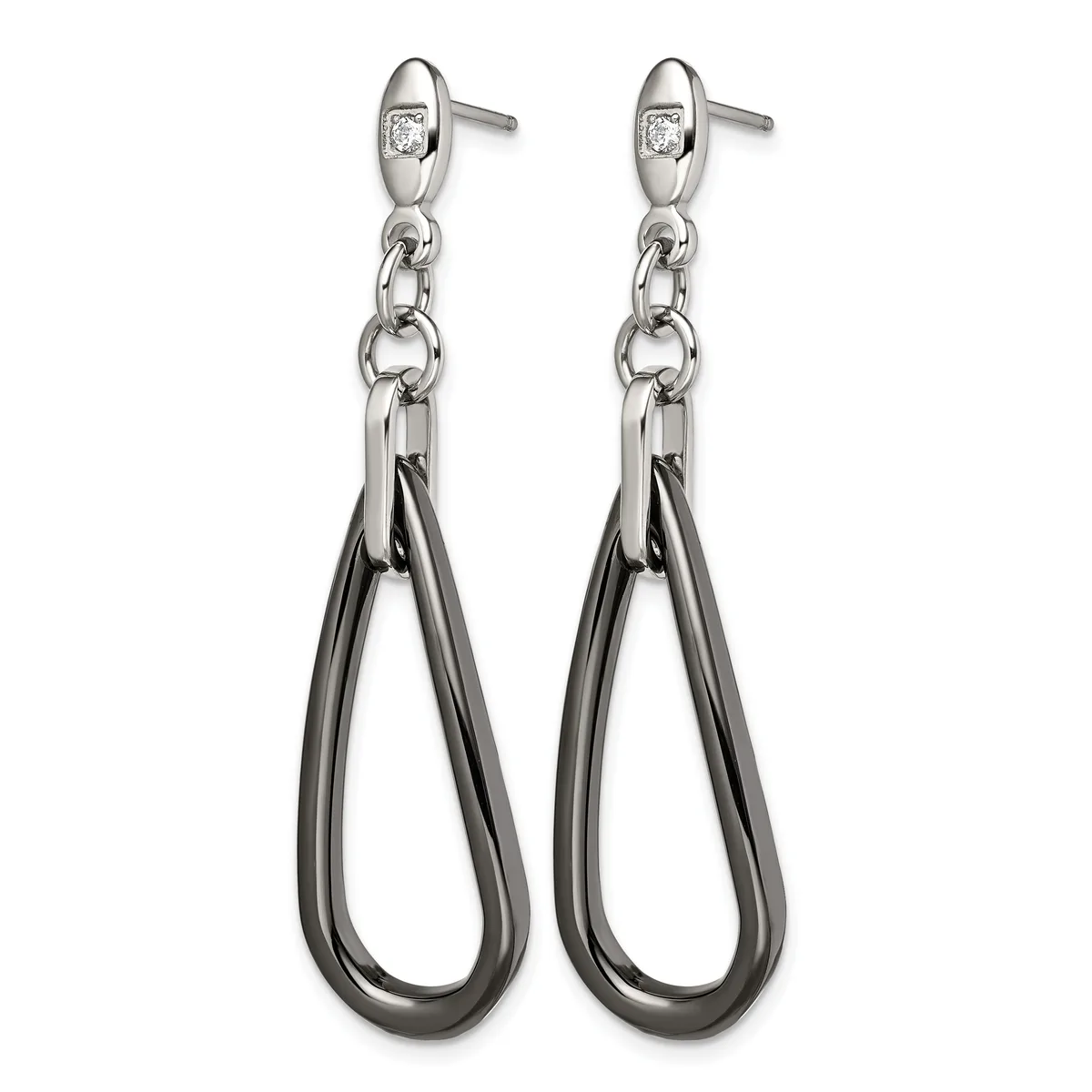 A pair of silver teardrop dangle earrings with small diamond studs at the top, connected by chain links, shown from the front.