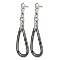 A pair of silver teardrop dangle earrings with small diamond studs at the top, connected by chain links, shown from the front.