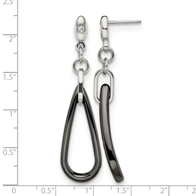 Pair of dangling earrings with silver-tone posts set with small crystals, featuring black and gray teardrop-shaped loops suspended by chain links, displayed against a measurement scale.