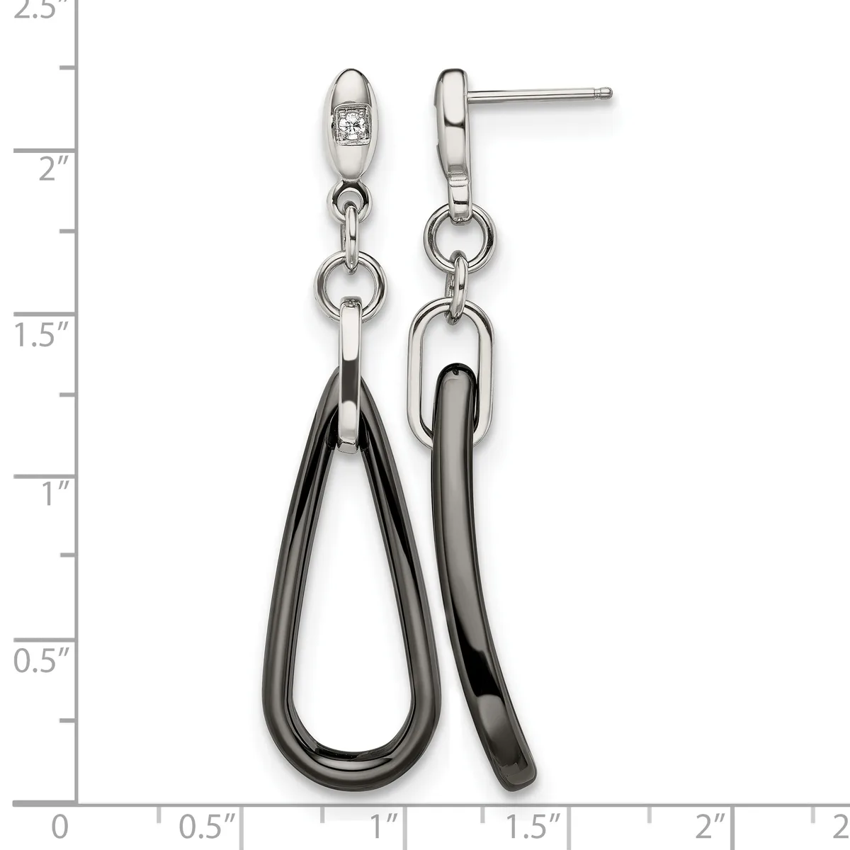 Pair of dangling earrings with silver-tone posts set with small crystals, featuring black and gray teardrop-shaped loops suspended by chain links, displayed against a measurement scale.