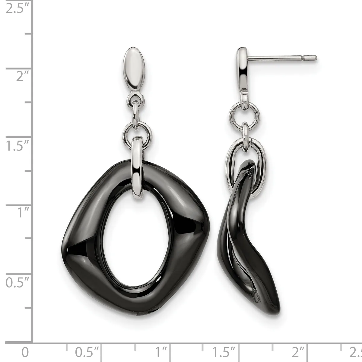 Pair of dangling earrings with polished black onyx oval links suspended from silver-tone oval posts, shown on a measurement scale indicating approximately two inches in length.