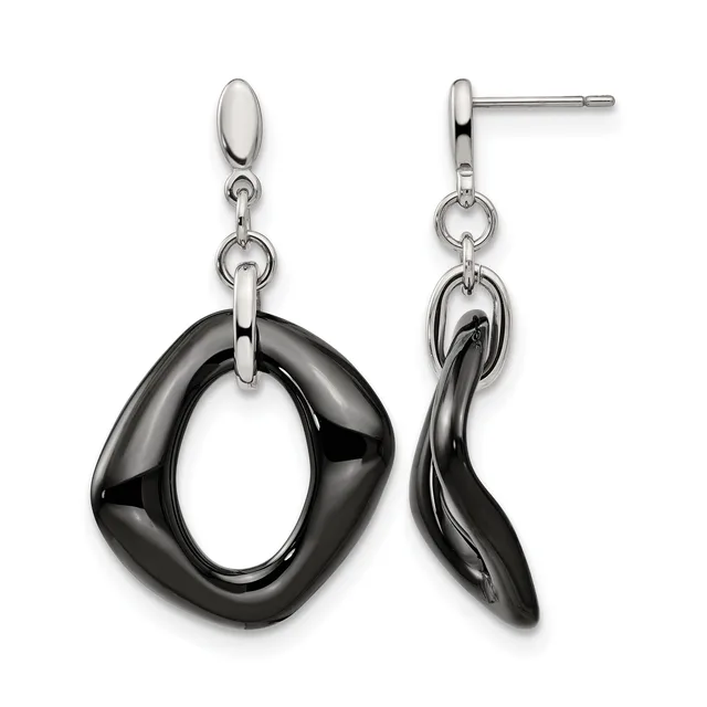 A pair of dangling earrings with polished black ceramic oval loops suspended from small silver-toned metal connectors and posts, shown from front and side views.