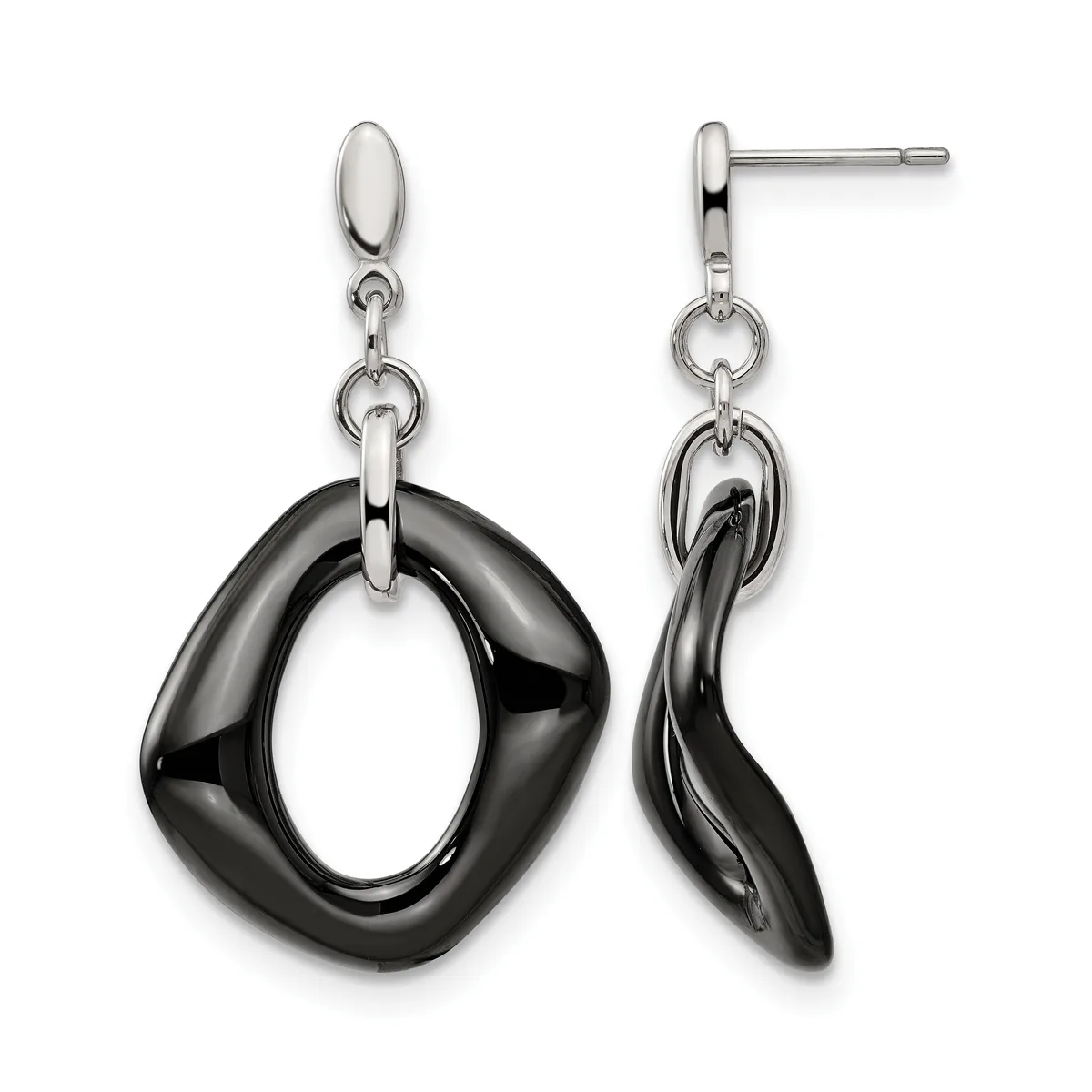 A pair of dangling earrings with polished black ceramic oval loops suspended from small silver-toned metal connectors and posts, shown from front and side views.