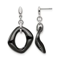 A pair of dangling earrings with polished black ceramic oval loops suspended from small silver-toned metal connectors and posts, shown from front and side views.