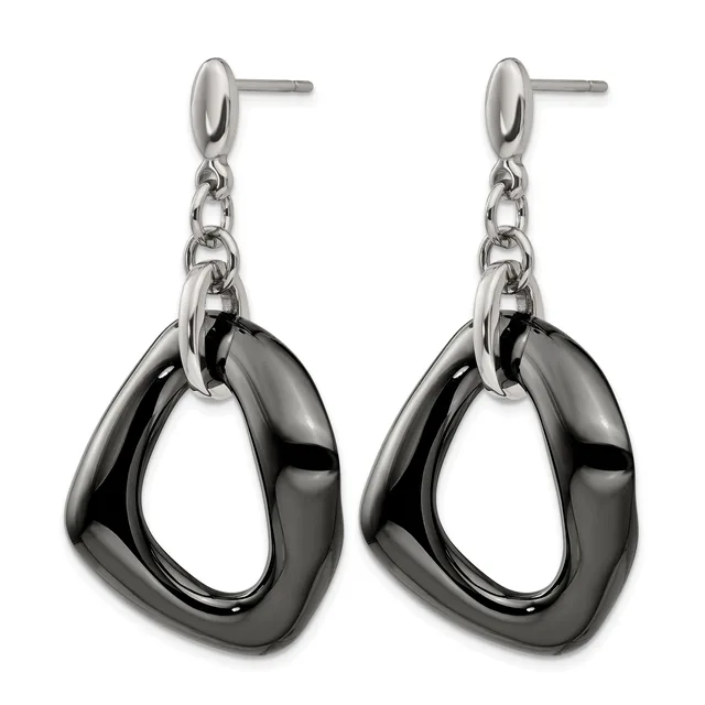 Pair of drop earrings with polished silver studs connected by chains to black hematite open square pendants, shown from the front.