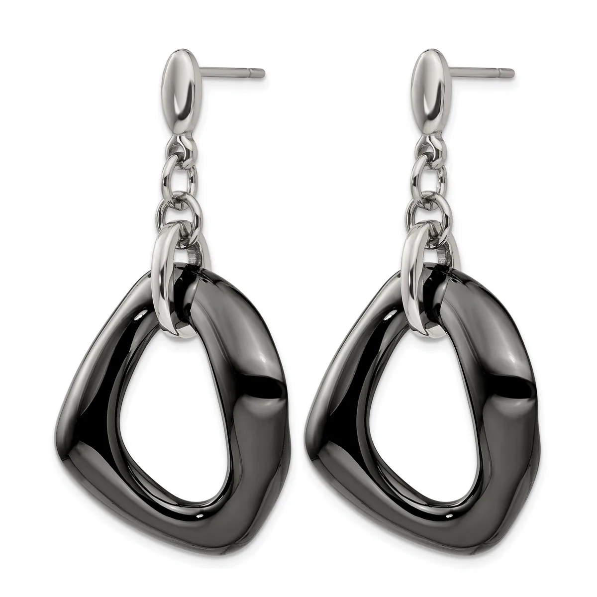 Pair of drop earrings with polished silver studs connected by chains to black hematite open square pendants, shown from the front.