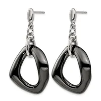 Pair of drop earrings with polished silver studs connected by chains to black hematite open square pendants, shown from the front.