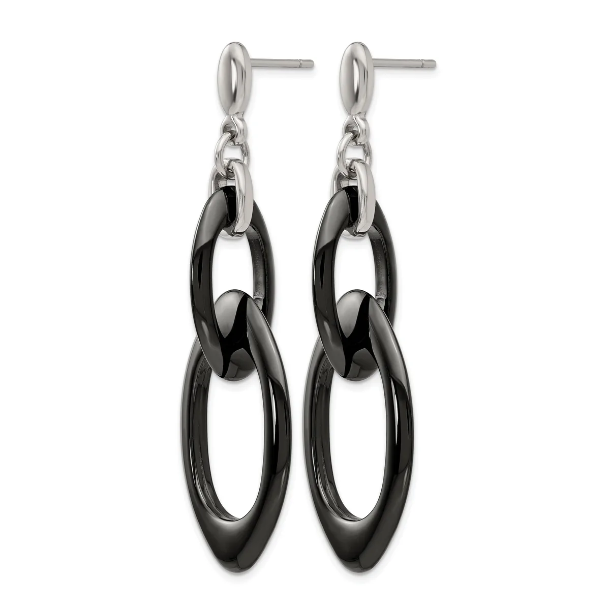Pair of dangling earrings with stainless steel posts and black ceramic or resin interlocking oval links in graduated sizes.