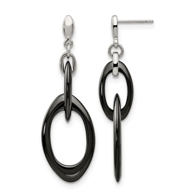 A pair of dangling earrings featuring black oval rings suspended from silver-toned post studs with connector loops.