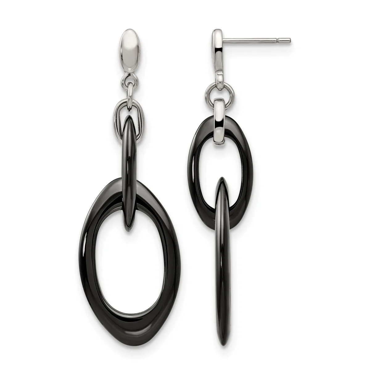 A pair of dangling earrings featuring black oval rings suspended from silver-toned post studs with connector loops.