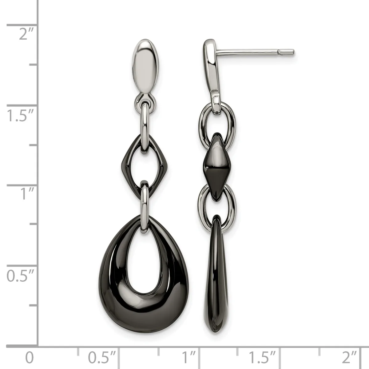 A pair of two-tone dangle earrings with polished silver posts and black teardrop-shaped links suspended above larger black teardrop pendants, displayed against a ruler showing approximately two inches in length.