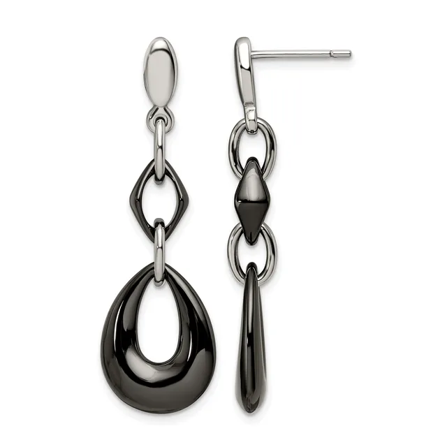 Pair of stud earrings with polished silver posts and black teardrop-shaped dangles connected by smaller oval links.