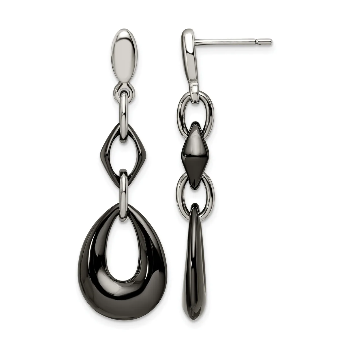 Pair of stud earrings with polished silver posts and black teardrop-shaped dangles connected by smaller oval links.