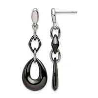 Pair of stud earrings with polished silver posts and black teardrop-shaped dangles connected by smaller oval links.