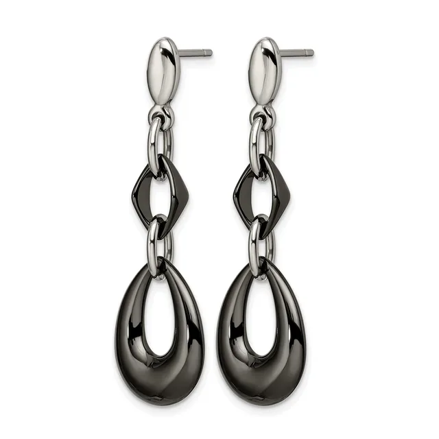 A pair of stainless steel dangle earrings with polished oval studs connected to chain links and teardrop-shaped pendants with a gunmetal finish.
