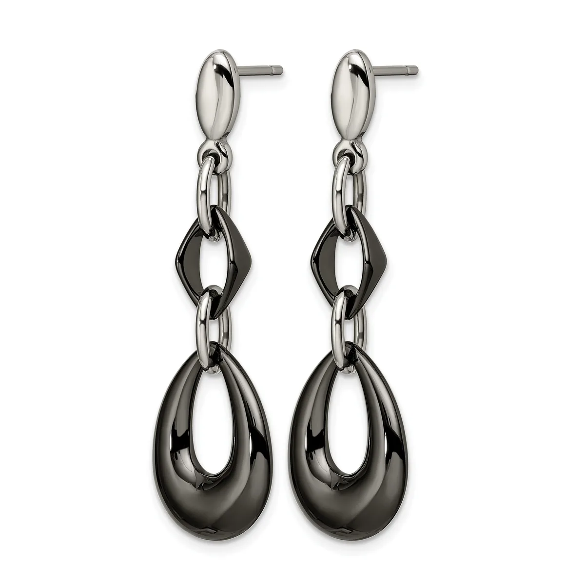 A pair of stainless steel dangle earrings with polished oval studs connected to chain links and teardrop-shaped pendants with a gunmetal finish.