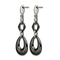 A pair of stainless steel dangle earrings with polished oval studs connected to chain links and teardrop-shaped pendants with a gunmetal finish.