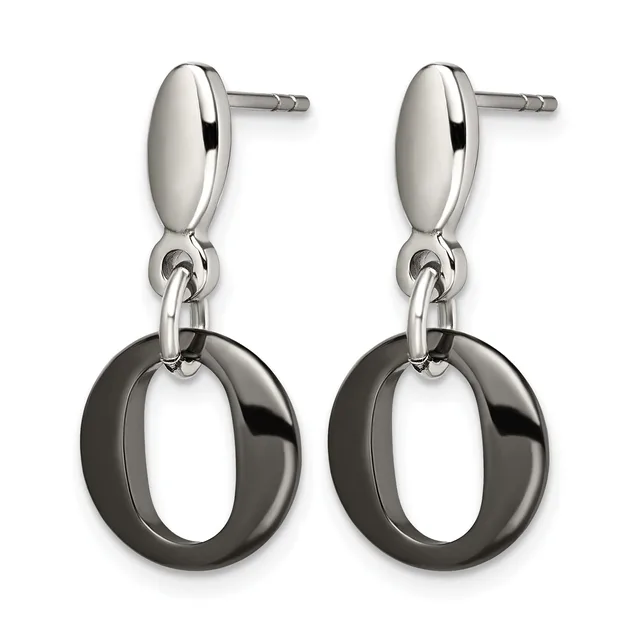 Pair of silver drop earrings with polished oval tops and dark gray or black hollow circular pendants suspended by connector loops.