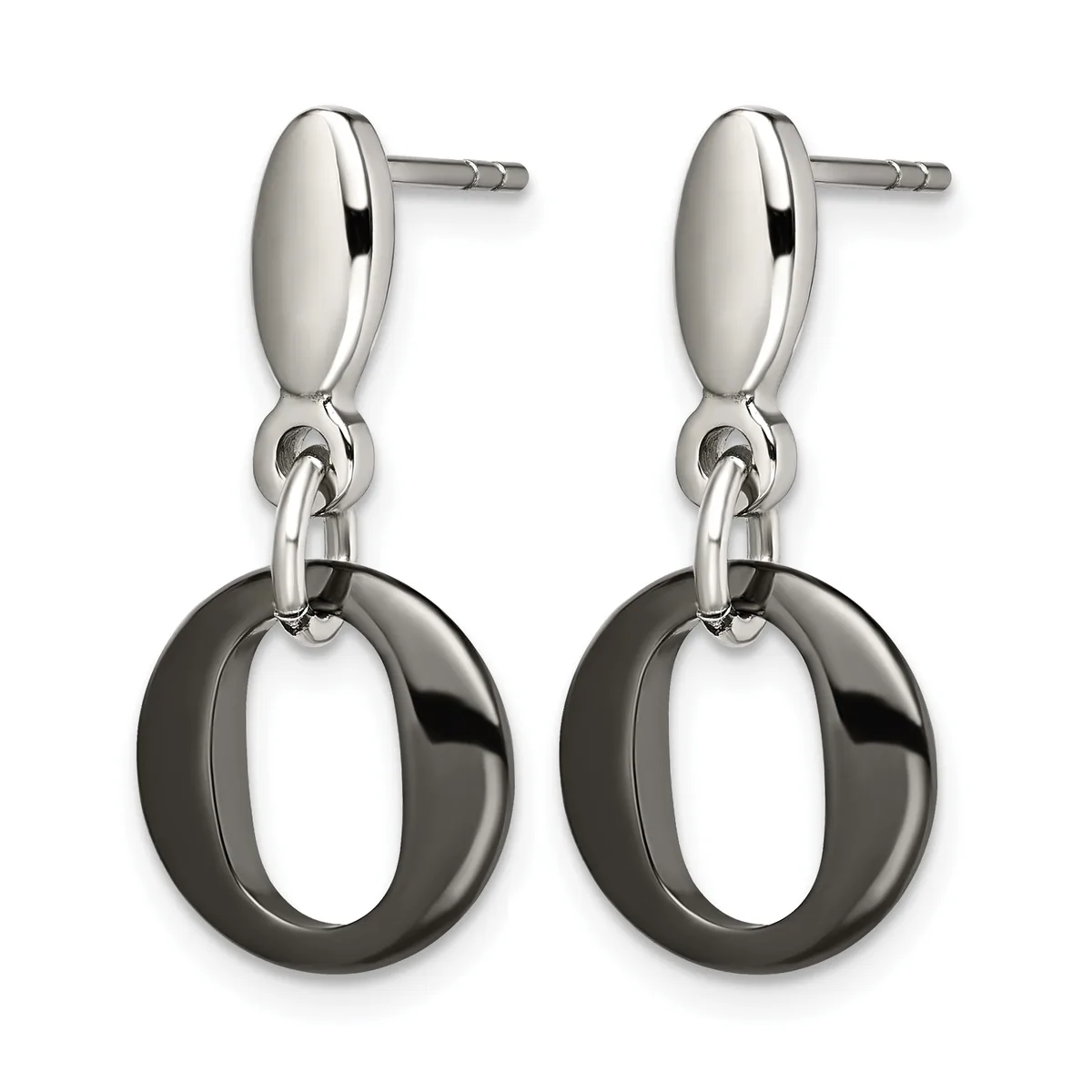 Pair of silver drop earrings with polished oval tops and dark gray or black hollow circular pendants suspended by connector loops.