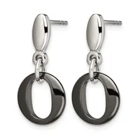 Pair of silver drop earrings with polished oval tops and dark gray or black hollow circular pendants suspended by connector loops.