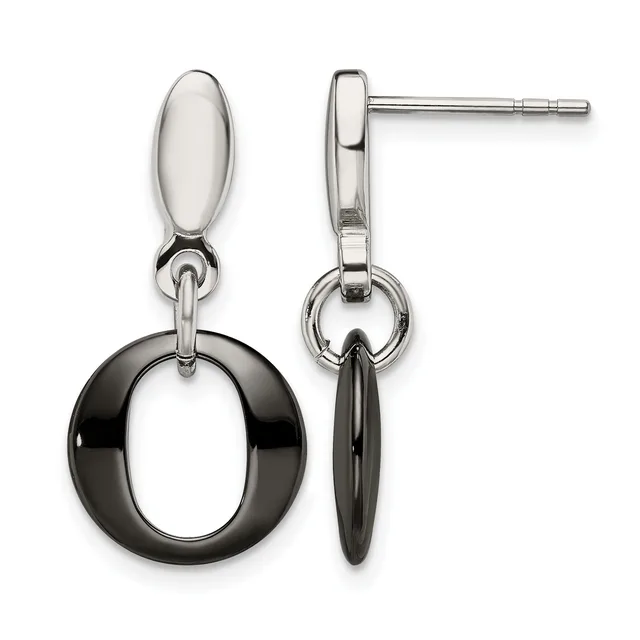 Pair of silver-tone drop earrings with polished oval studs on posts, each suspending a black hollow circle pendant via a small connector ring.