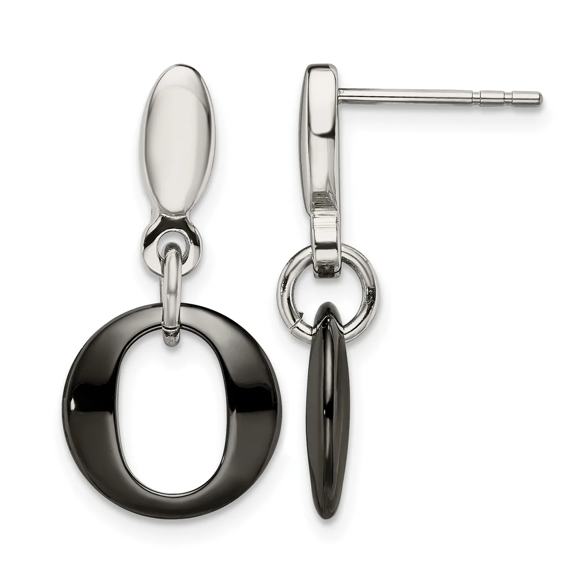 Pair of silver-tone drop earrings with polished oval studs on posts, each suspending a black hollow circle pendant via a small connector ring.