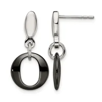 Pair of silver-tone drop earrings with polished oval studs on posts, each suspending a black hollow circle pendant via a small connector ring.