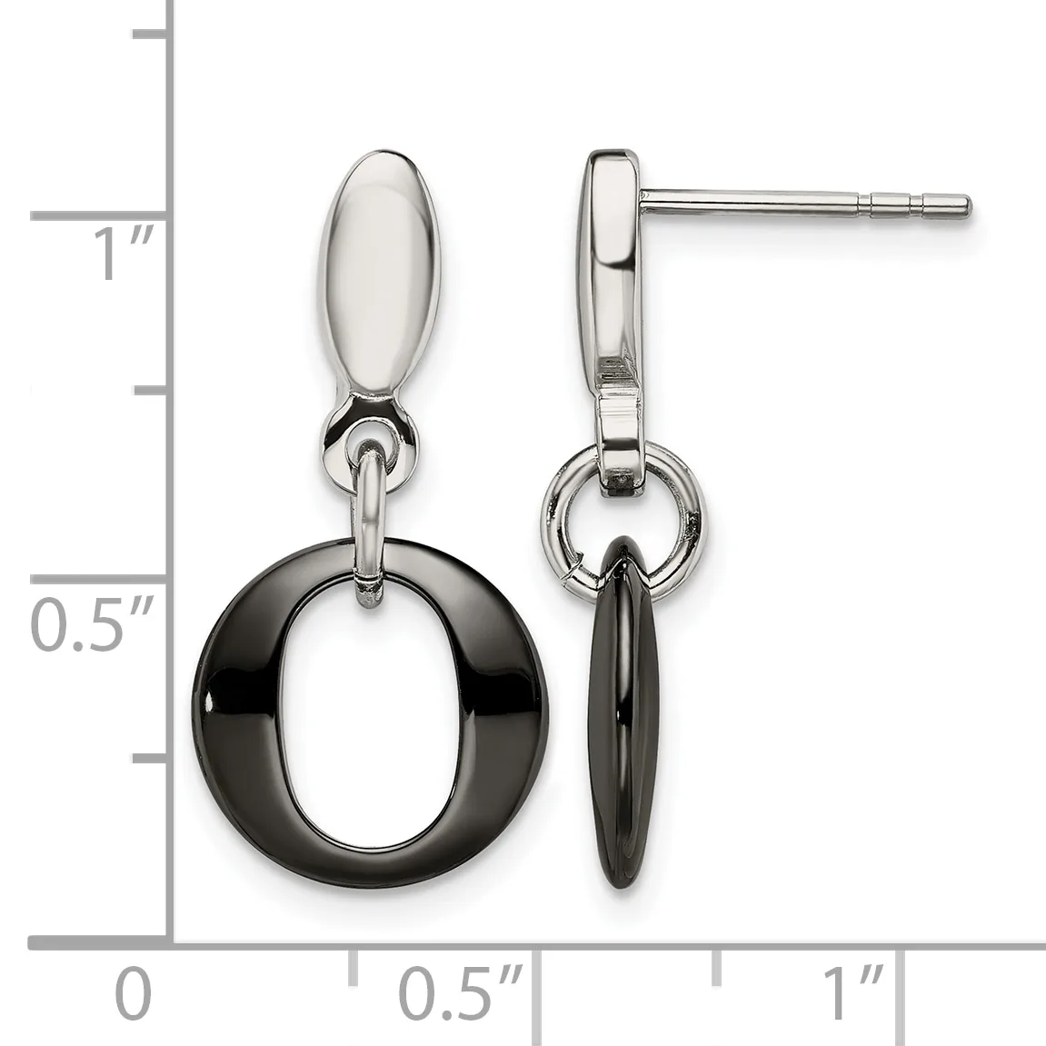 A pair of two-tone drop earrings with polished silver oval tops and black circular rings hanging below, displayed against a measurement scale.