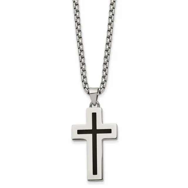 A stainless steel cross pendant with a black enamel center stripe hanging from a matching stainless steel chain.