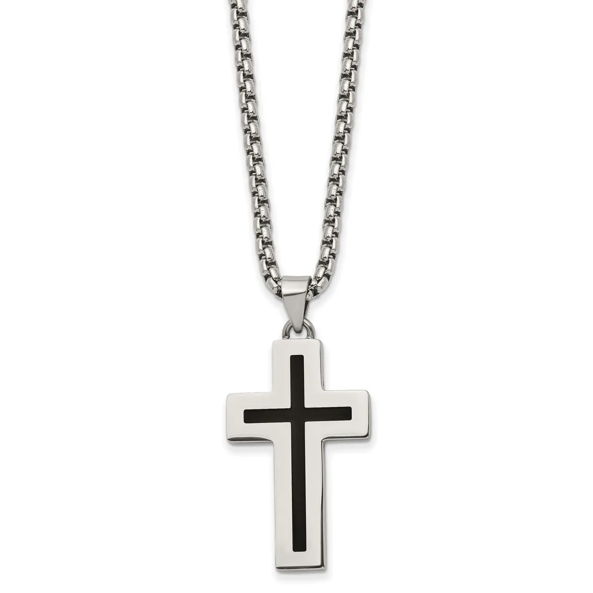 A stainless steel cross pendant with a black enamel center stripe hanging from a matching stainless steel chain.