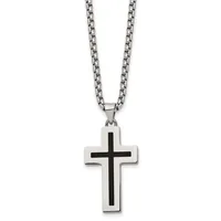 A stainless steel cross pendant with a black enamel center stripe hanging from a matching stainless steel chain.