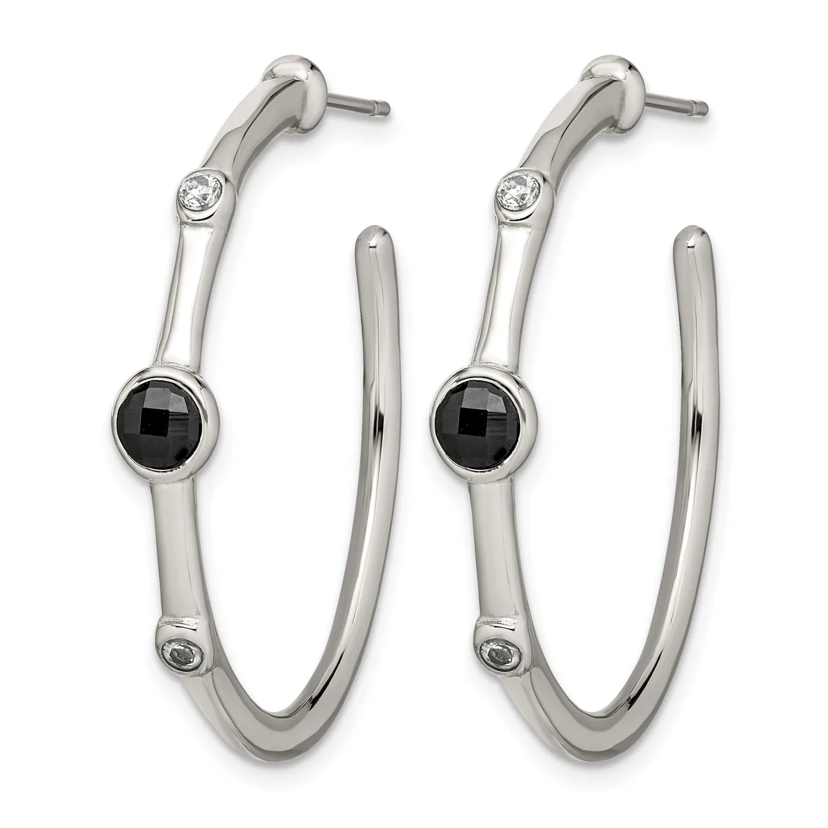Pair of silver hoop earrings with black faceted onyx stones at the center and small round diamonds at the top, shown from the front.