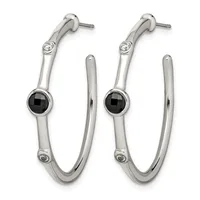 Pair of silver hoop earrings with black faceted onyx stones at the center and small round diamonds at the top, shown from the front.