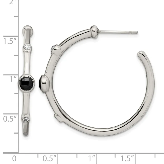 Silver hoop earrings with black onyx stone accents and small diamond details, shown at actual size on a measurement scale.