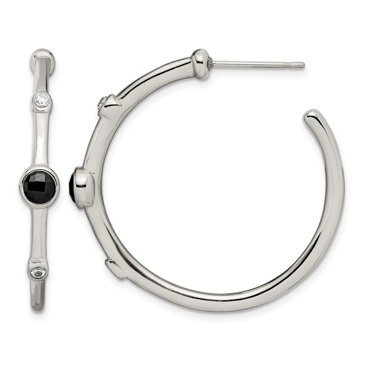 A pair of silver-tone hoop earrings, one featuring a black onyx stone accent, displayed against a white background.