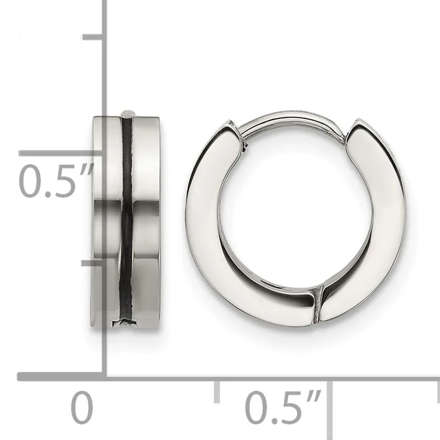 A pair of polished stainless steel hoop earrings with a thick, chunky design shown next to a ruler indicating a width of approximately 0.5 inches.