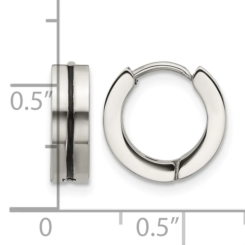 A pair of polished stainless steel hoop earrings with a thick, chunky design shown next to a ruler indicating a width of approximately 0.5 inches.