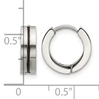 A pair of polished stainless steel hoop earrings with a thick, chunky design shown next to a ruler indicating a width of approximately 0.5 inches.