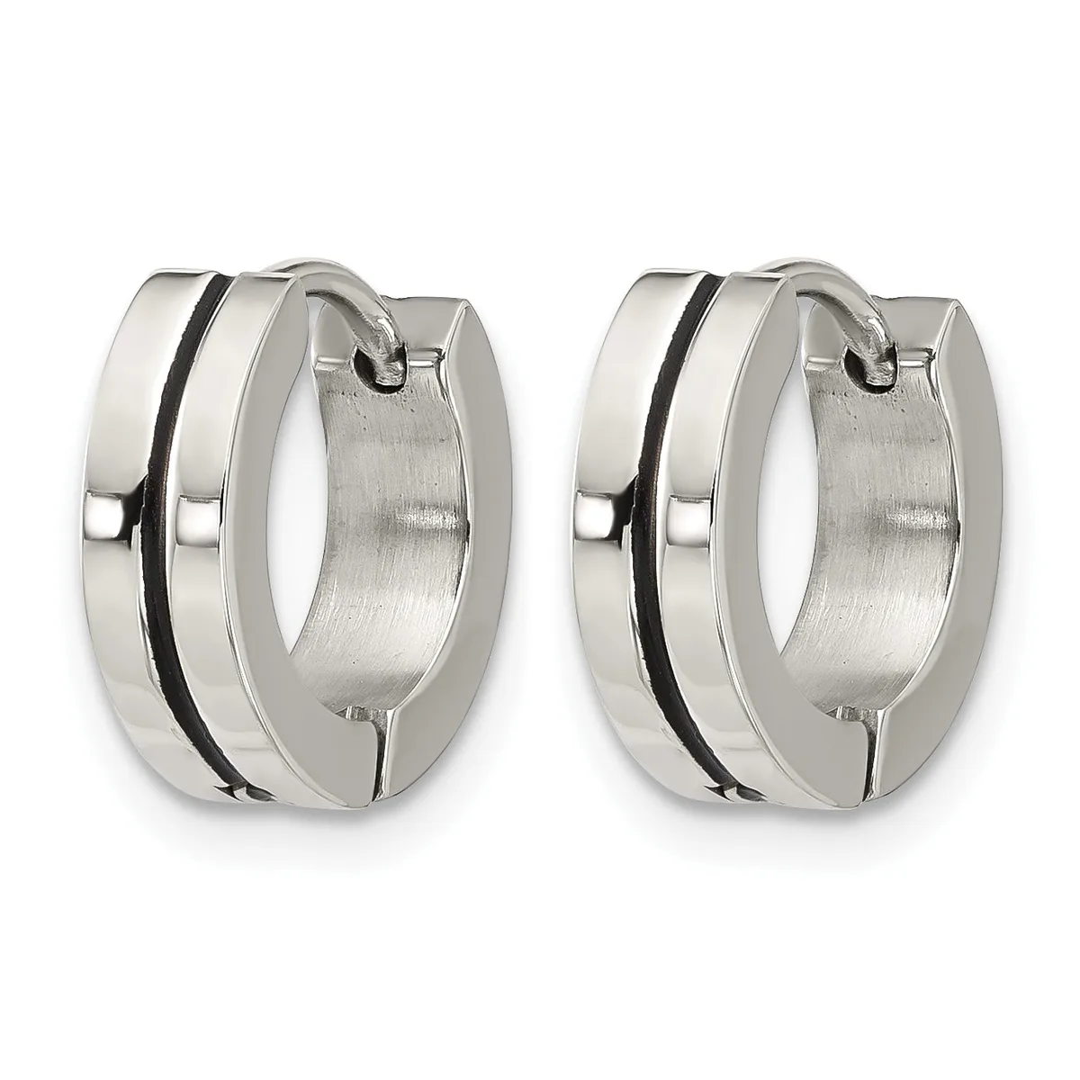 A pair of polished stainless steel hoop earrings with black enamel stripes running vertically across the outer surfaces.