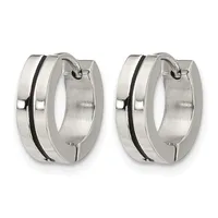 A pair of polished stainless steel hoop earrings with black enamel stripes running vertically across the outer surfaces.