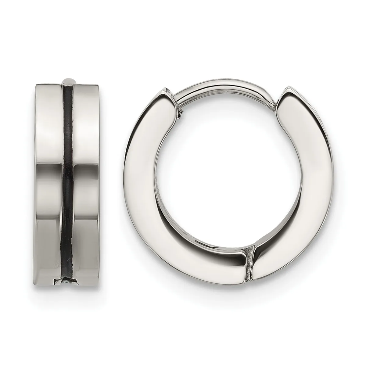 Two polished silver-toned chunky hoop earrings with a grooved center stripe detail, shown from front and side views.